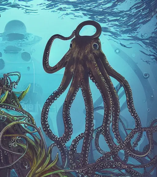 Image similar to a cybernetic octopus in an underwater garden, techwear, marine biologist fieldwork, detailed illustration, character portrait