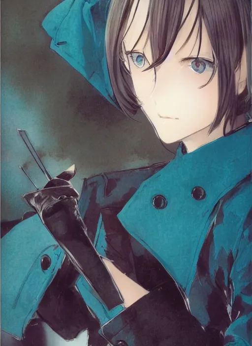 Image similar to luxury advertisement, medium close-up of a manga girl with a teal trenchcoat by krenz cushart, Sasoura, Satchely and Akihiko Yoshida, black medium length Dutch bob cut hair with straight bangs, poster