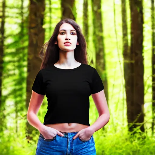 Image similar to clear photorealistic mockup product photograph of a blank black tshirt on an attractive female model in front of a nature background - h 7 0 4