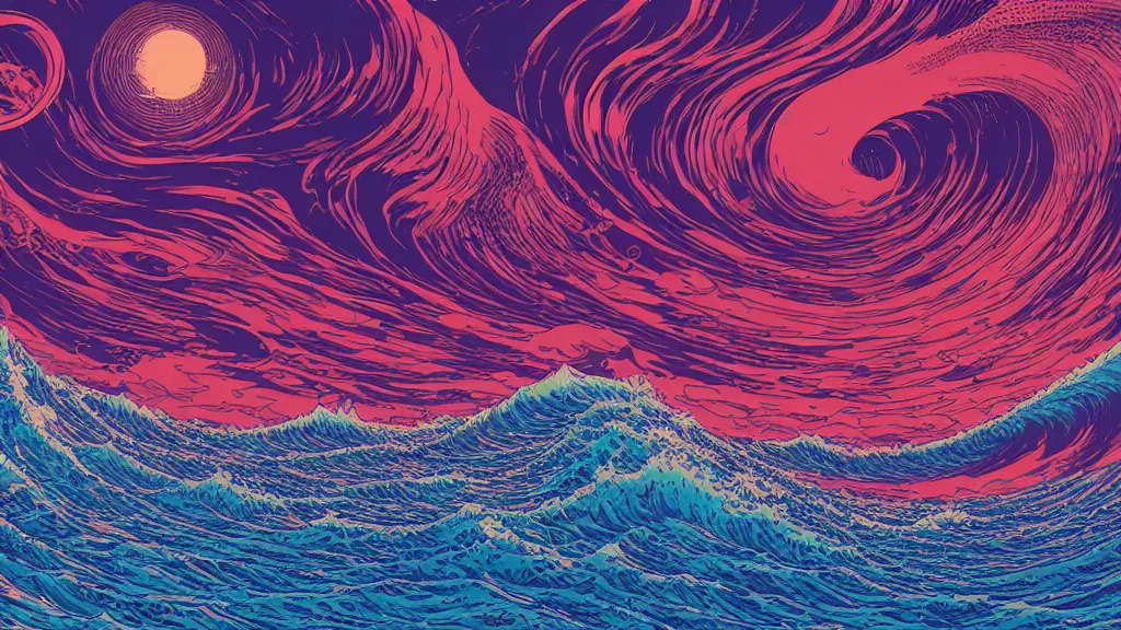 Image similar to highly detailed and colorful illustration of high exposure ocean waves at night by makoto shinkai, by moebius, by aaron horkey, by nico delort, by dan mumford, by otomo, kodachrome, 4 k resolution