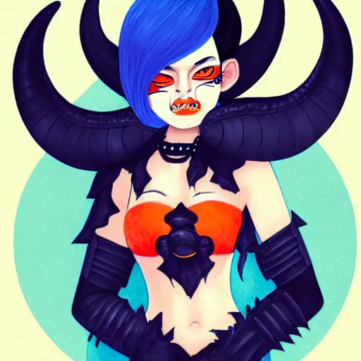 Image similar to illustrated realistic portrait of ram-horned devil woman with blue bob hairstyle and her tangerine colored skin and with solid black eyes wearing leather by rossdraws