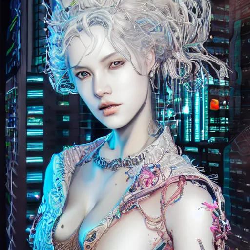 Image similar to the portrait of an absurdly beautiful, graceful, elegant, sophisticated, fashionable cyberpunk gravure idol, an ultrafine hyperdetailed illustration by kim jung gi, irakli nadar, intricate linework, bright colors, porcelain skin, unreal engine 5 highly rendered, ai concept art, global illumination, radiant light, detailed and intricate environment