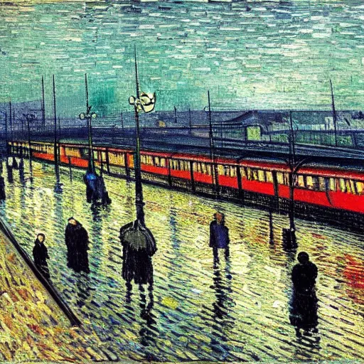 Prompt: A van gogh painting of a train station on a rainy day, atmospheric, people are waiting on the platform, very detailed