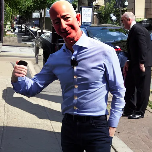 Image similar to jeff bezos begging on the street, highly detailed, photograph