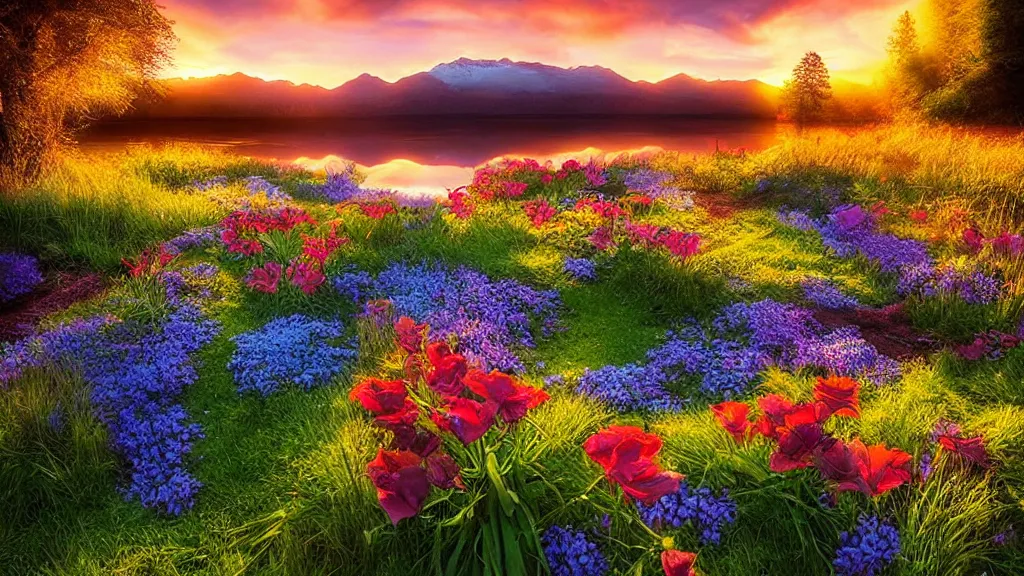 Image similar to amazing landscape photo of a flower bed with lake in sunset by marc adamus, beautiful dramatic lighting