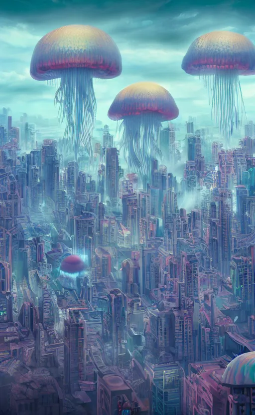 Prompt: A city on the top of the colossal jellyfish floating on the clouds, anchient, dystopian, 8k, Vibrant colors, symmetrical, very coherent, Hyperdetail