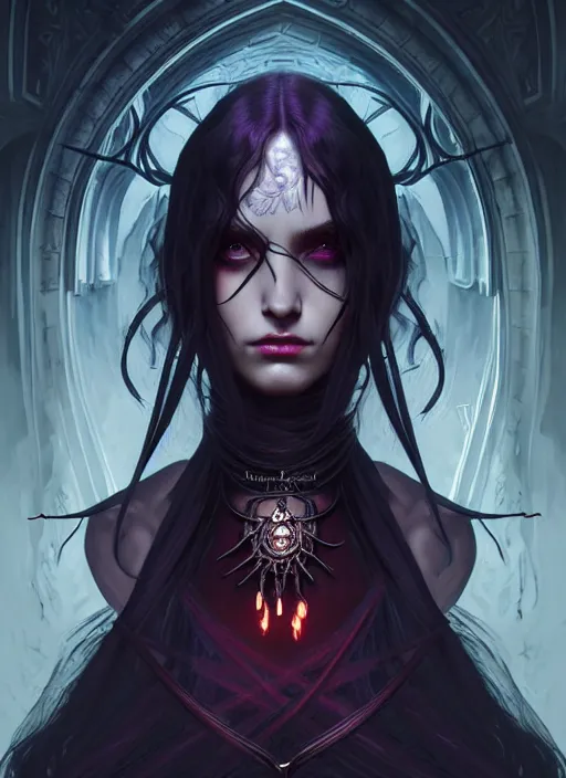 Prompt: Necromancer Sorceress goddess of death, fantasy magic, undercut hairstyle, dark light night, intricate, elegant, sharp focus, illustration, highly detailed, digital painting, concept art, matte, art by WLOP and Artgerm and Greg Rutkowski and Alphonse Mucha, masterpiece