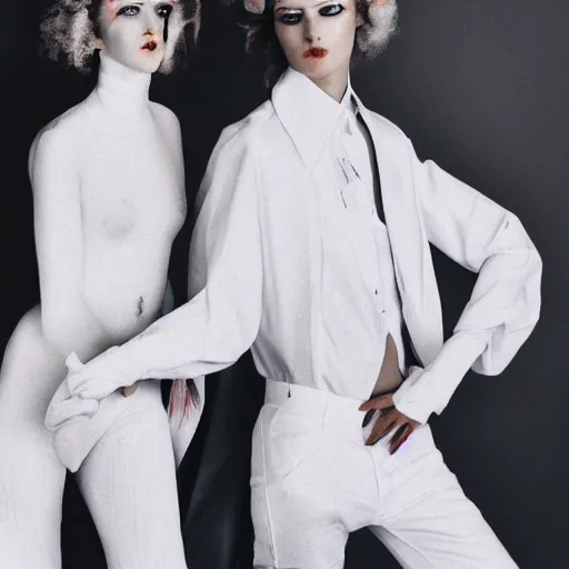 Image similar to detailed photo, kitsch fashion, androgynous people in white clothes, new age, vogue, 4 k, 8 k, fashion photo, fashion magazine