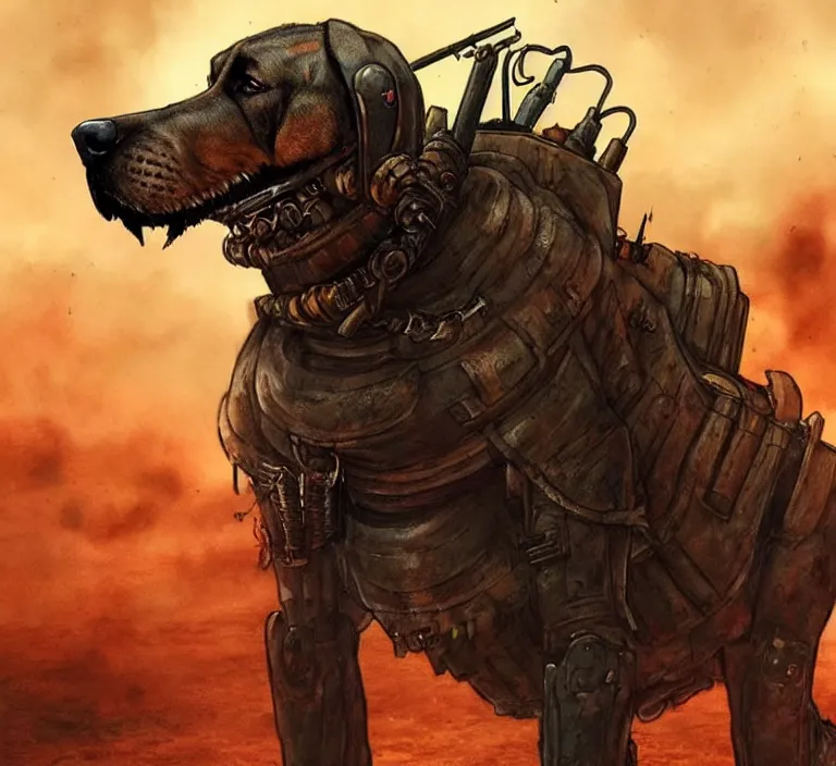 Image similar to a good ol'bloodhound pup fursona ( from the furry fandom ), heavily armed and armored facing down armageddon in a dark and gritty version from the makers of mad max : fury road. witness me.