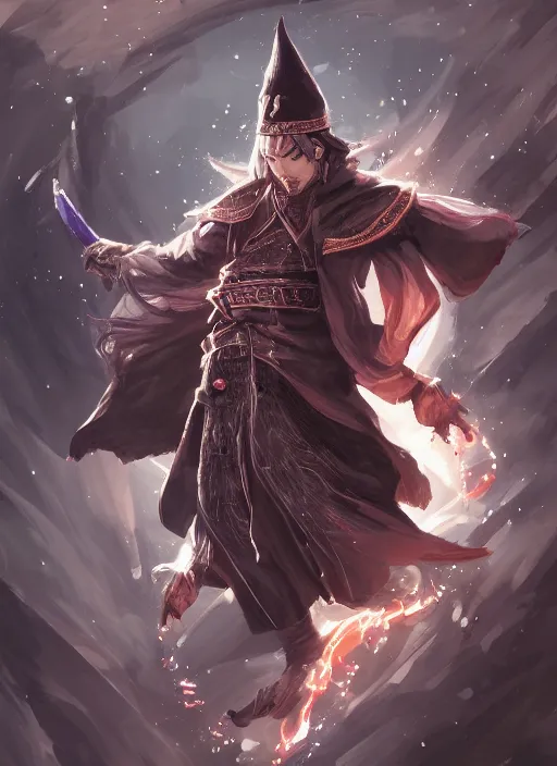 Prompt: a highly detailed illustration of Hiroyuki Sanada as wizard wearing black robe and mage hat, dramatic magic floating pose, intricate, elegant, highly detailed, centered, digital painting, artstation, concept art, smooth, sharp focus, league of legends concept art, WLOP