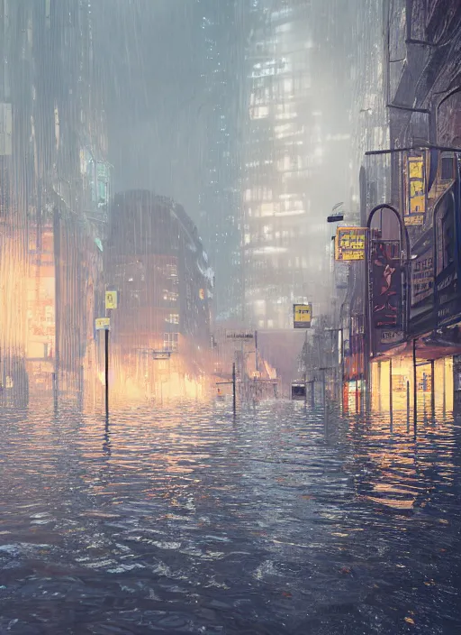 Prompt: city flooding water glowwave, au naturel, hyper detailed, digital art, trending in artstation, cinematic lighting, studio quality, smooth render, unreal engine 5 rendered, octane rendered, art style by klimt and nixeu and ian sprigger and wlop and krenz cushart.