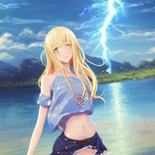 Image similar to a very beautiful anime girl, full body, long wavy blond hair, sky blue eyes, full round face, short smile, cute top, short jeans, summer lake setting, cinematic lightning, medium shot, mid-shot, highly detailed, trending on Artstation, Unreal Engine 4k, cinematic wallpaper by Stanley Artgerm Lau, WLOP, Rossdraws, and Sakimichan