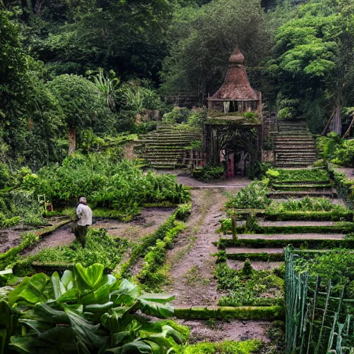 Image similar to highly detailed vegetable garden las pozas, lots of leaves, fence line, detailed. rule of thirds. intricate. sharp focus. wide angle. unreal engine 8 k. painting, wlop, cinematographer jom jarmusch, film noir.