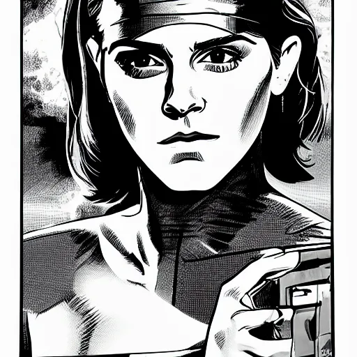 Image similar to emma watson in watchmen comic, drawn by dave gibbons, extreme detail, sharp focus, dramatic, artstation