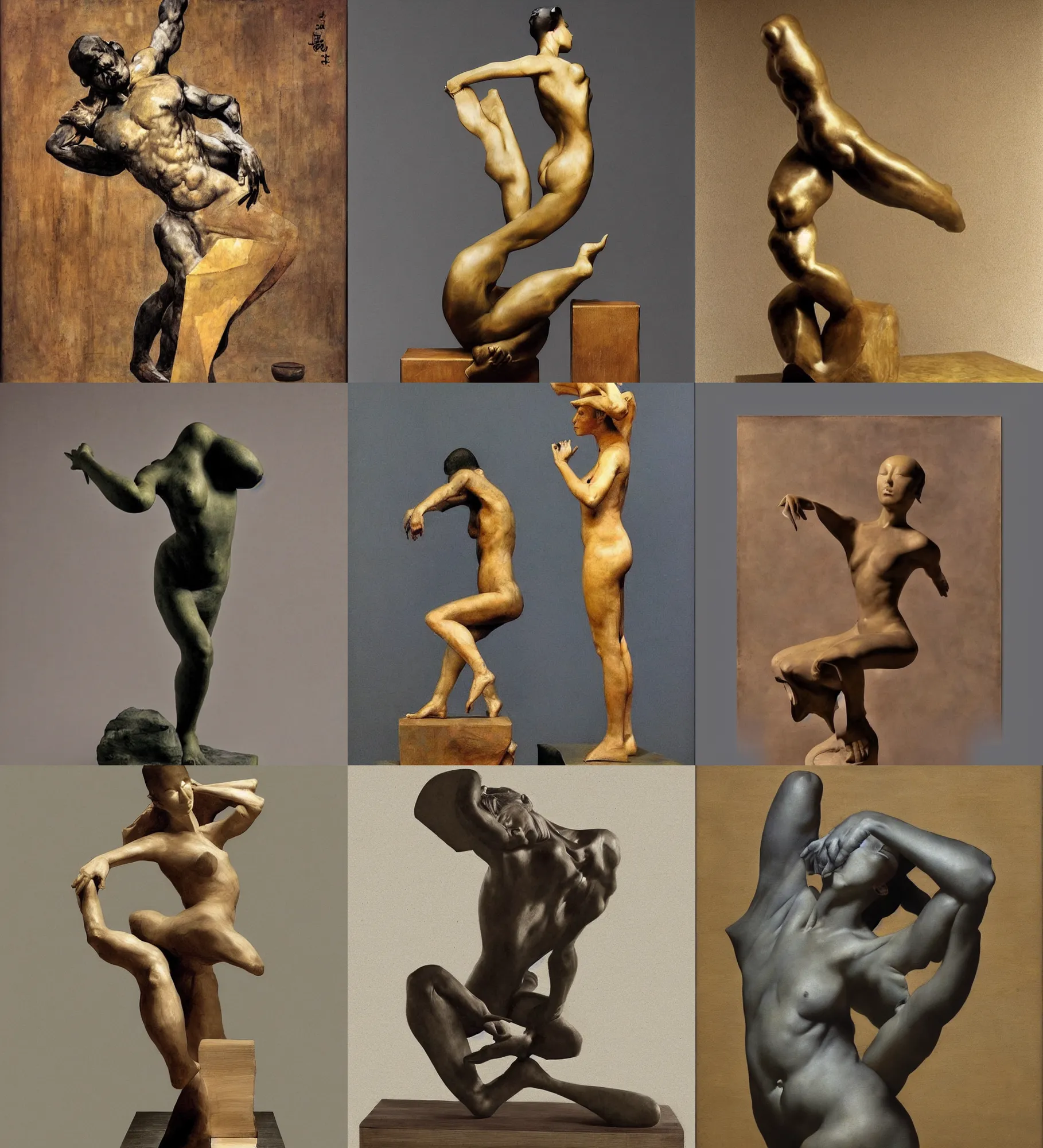 Prompt: modern sculpture, oriental, dynamic pose, paper wood and cloth social realism, rodin, Frank Frazetta, Denis Sarazhin, klimt, Dean Ellis, Detmold Charles Maurice, levitation, simple form, brutal shapes