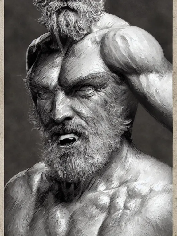 Image similar to painted portrait of rugged odin, god of war, nordic god, white hair, masculine, mature, handsome, upper body, grey and silver, muscular, hairy torso, fantasy, intricate, muscular, elegant, highly detailed, digital painting, artstation, concept art, smooth, sharp focus, illustration, art by gaston bussiere and alphonse mucha