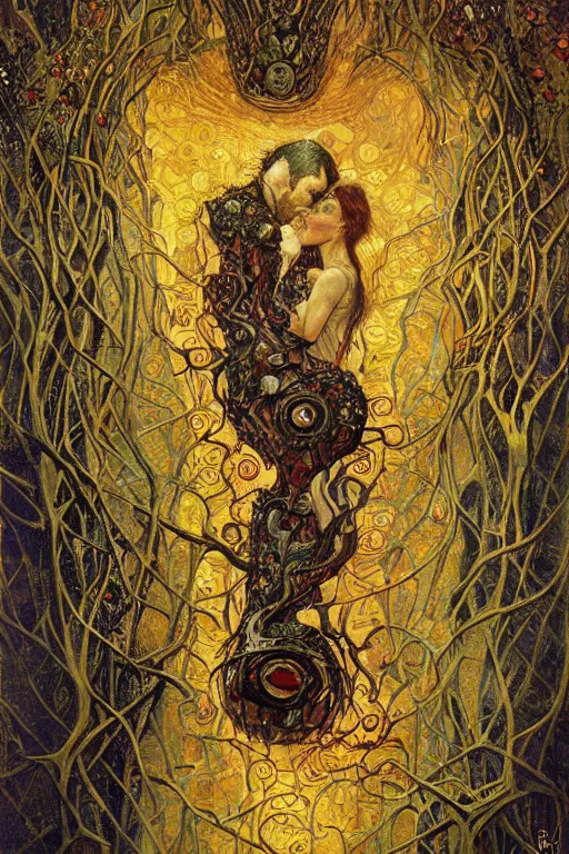 Image similar to Heart of Thorns by Karol Bak, Jean Deville, Gustav Klimt, and Vincent Van Gogh, Surreality, otherworldly, infernal enigma, Helliquary, fractal structures, celestial, arcane, ornate gilded medieval icon, third eye, spirals, dramatic sharp thorns, rich deep moody colors