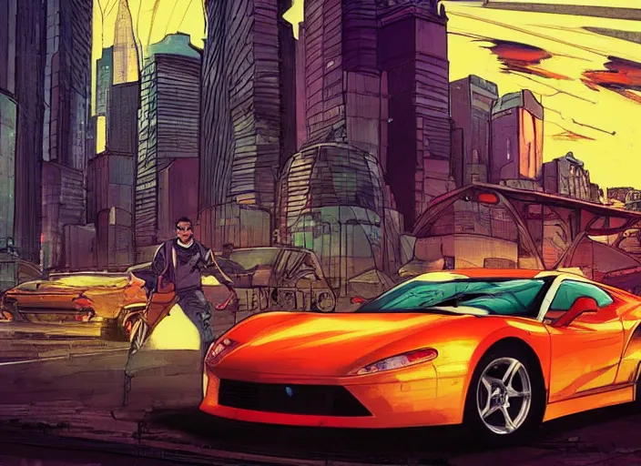 Image similar to a sport car in a city, sharp focus. cinematic pose, cinematic lighting, art by josan gonzales and moebius and deathburger.