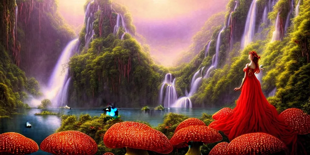 Prompt: an elegant fairy queen in a red lace dress dancing looking out at a lord of the rings scenery landscape, vast lush valley flowers and giant mushroom structures, waterfall falling into a clear lake, river, sunrise, god's rays highly detailed, vivid colour, soft clouds, floral sunset, cinematic lighting, perfect composition, gustave dore, derek zabrocki, greg rutkowski