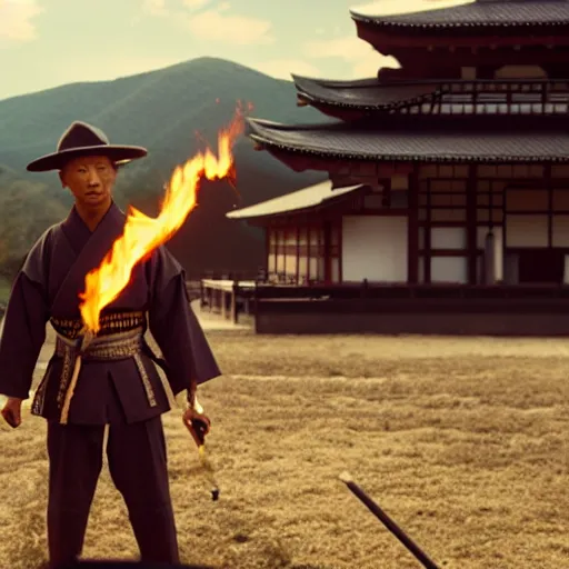 Image similar to cinematic film still Pharrell Williams starring as a Samurai holding fire, Japanese CGI, VFX, 2003, 40mm lens, shallow depth of field,film photography