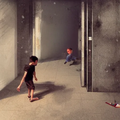 Image similar to a boy playing in a hdb void deck, by greg rutkowski