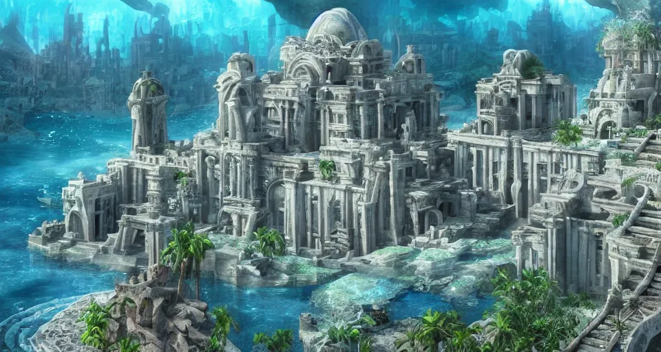 Image similar to the lost city of Atlantis, underwater, epic view, epic lighting, fully built buildings, white marble, hyper detailed, 4K
