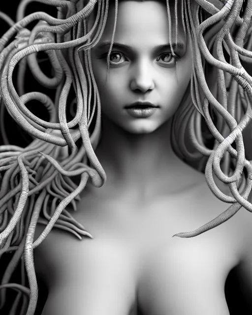 Image similar to mythical dreamy underwater artistic black and white 3 d render of a translucent beautiful young female angelic - medusa - vegetal - doll, highly detailed, intricate crystal ivy jelly ornate, poetic, translucent algae ornate, digital art, octane render, 8 k artistic photography, photo - realistic, hg giger flora borsi