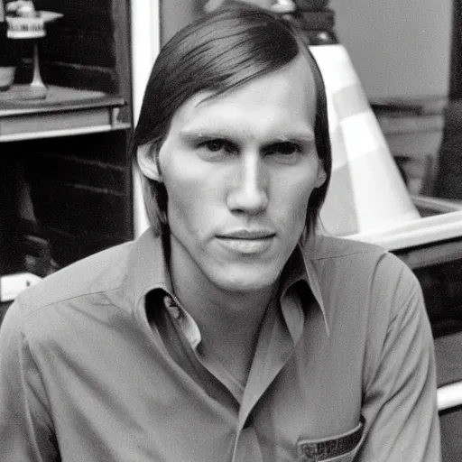 Image similar to A photograph portrait of Jerma985 with short-medium length hair a combover wearing early 1970s menswear in the early 1970s, taken in the early 1970s, grainy, taken on a 1970s Kodak Camera, realistic, hyperrealistic, very realistic, highly detailed, very detailed, extremely detailed, detailed, digital art, trending on artstation, colorized photo