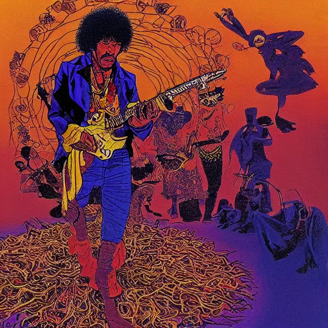 Prompt: jimi hendrix standing in a voodoo circle at the beginning of the world by jean giraud and moebius