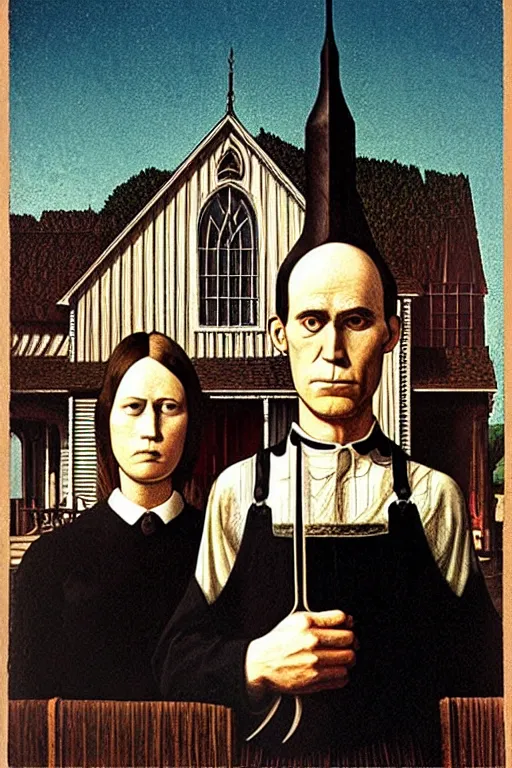 Image similar to american nightmare by grant wood, carpenter gothic