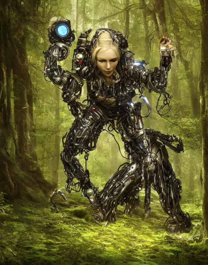 Prompt: druid cyborg in Nordic forest, photorealistic, 4k