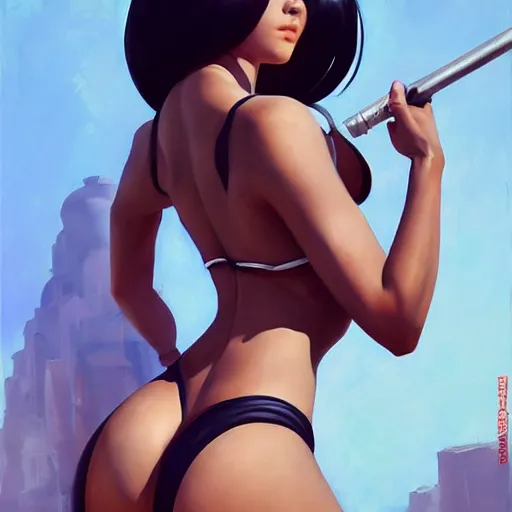 Prompt: greg manchess portrait painting of yorha type a no. 2 as tracy from overwatch from behind in a bikini, organic painting, sunny day, matte painting, bold shapes, hard edges, street art, trending on artstation, by huang guangjian and gil elvgren and sachin teng
