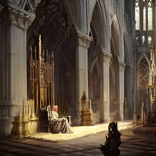 Prompt: Human skeleton, majesty in noble clothes, king resting on a throne inside a cathedral, old castle, oil painting, by Fernanda Suarez and Greg Rutkowski