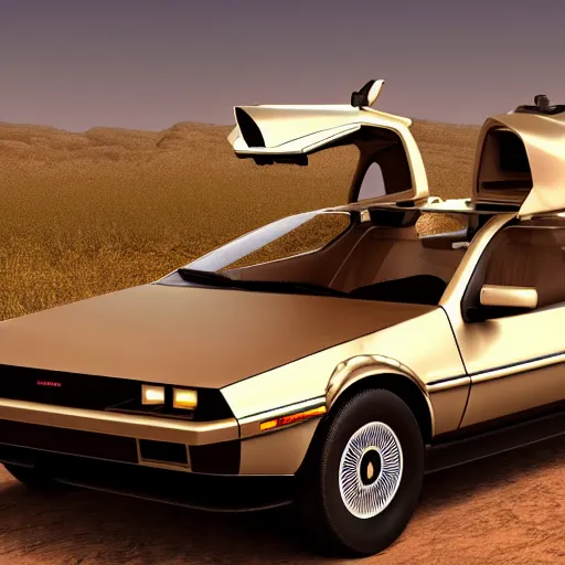 Prompt: a sepia photograph of a delorean time machine on the oregon trail, trending on art station,