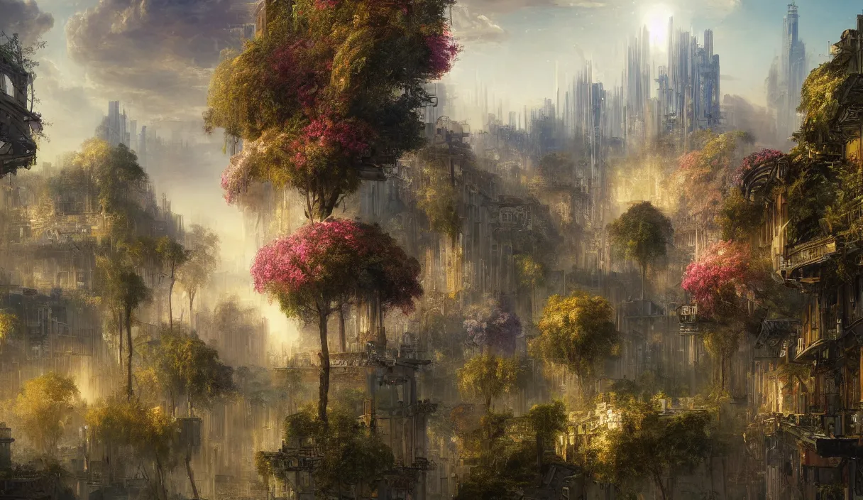 Prompt: 4 k detailed intricate digital illustration of solarpunk city landscape by greg rutkowski and jmw turner, colorful trees, light skyscrapers with beautiful plants and colorful flowers on them, puffy clouds, 1 3 mm film, anamorphic lens, trending on art station