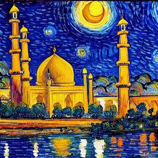 Prompt: painting of tajmahal + van gogh's stary night