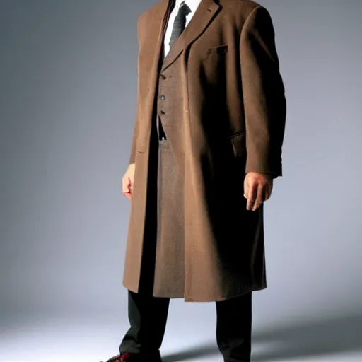 Image similar to full length shot : : clean - shaven smiling white chubby italian american man in his 4 0 s wearing a long brown overcoat and necktie and black shoes shoes shoes holding a burger, 2 0 0 6 advertising promo shot