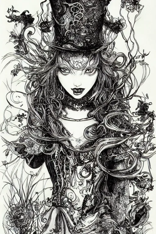 Prompt: Angry Alice in wonderland tarot card , pen and ink, intricate line drawings, by Yoshitaka Amano, Ruan Jia, Kentaro Miura, Artgerm, watercolor