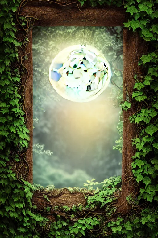 Image similar to book cover, frame border with ivy, high quality fantasy stock photo, unsplash transparent, forest and moon, intricate detail, elegant, hyper realistic, ultra detailed, octane render, volumetric cinematic lighting, 8 k post - production