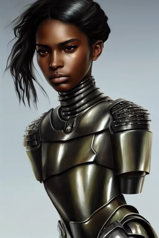 Image similar to a photorealistic painted portrait of an attractive young black girl, partially clothed in metal-plated battle armor, olive skin, long dark hair, flawless skin, beautiful bone structure, perfectly symmetric facial features, perfect photorealistic eyes, natural physique, intricate, elegant, digital painting, concept art, finely detailed, beautifully illustrated, sharp focus, minimal artifacts, from Metal Gear, by Ruan Jia and Mandy Jurgens and Artgerm and William-Adolphe Bouguerea, in the style of Greg Rutkowski, trending on Artstation, award winning art