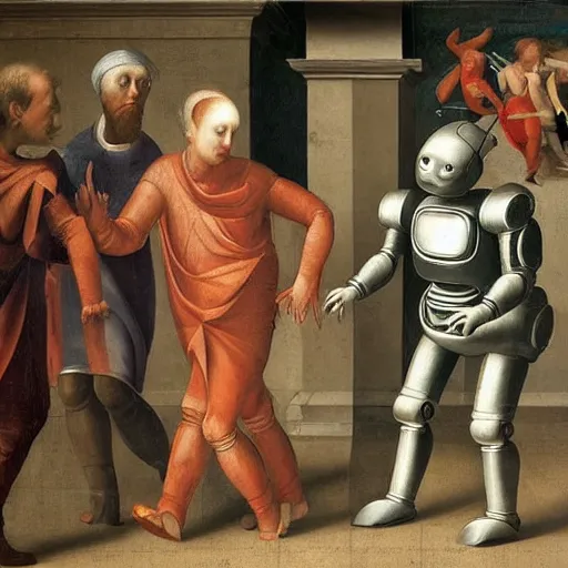 Image similar to a robot walking , Renaissance painting style