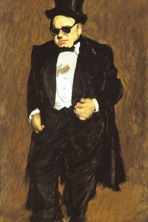 Image similar to portrait of a hulking herculean danny devito as a gentleman wearing an edwardian suit and top hat by walter sickert, john singer sargent, and william open