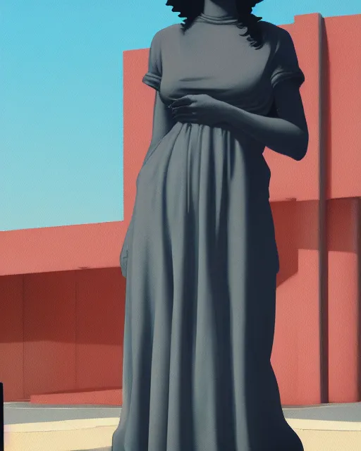 Image similar to a painting of a woman standing in front of a statue, a screenshot by stanley twardowicz, cgsociety, aestheticism, aesthetic, vaporwave, anime aesthetic