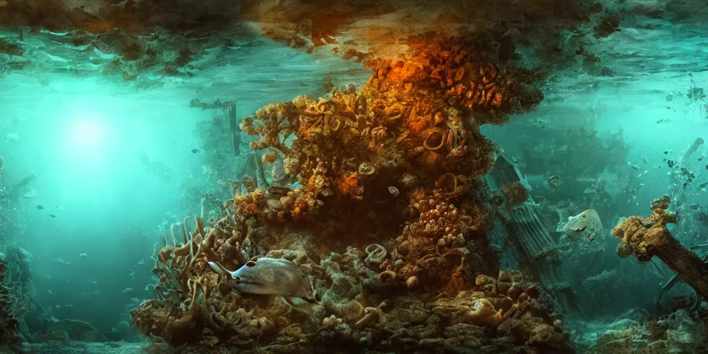 Prompt: underwater shipwreck!!! surrounded by coral and dolphins and sea turtles, caustics, shallow depth of field, moody lighting, 8 k, concept art,