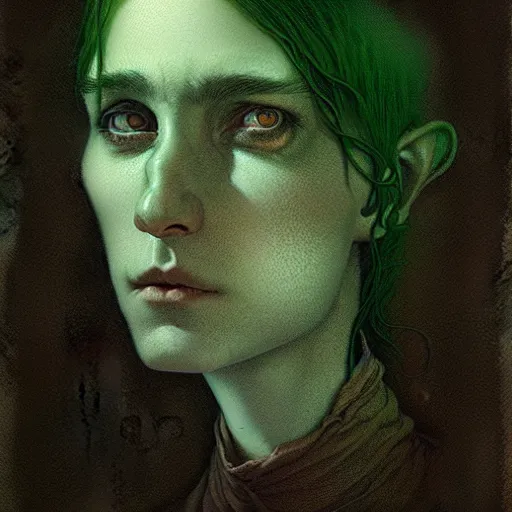 Image similar to portrait top light, by killian eng and bernie wrightson and martin deschambault and tom bagshaw, inspired by city of lost children, green and brown only, etching, fine, sharp high detail,