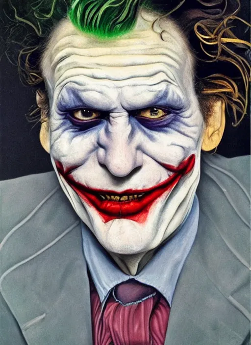 Image similar to The Joker, painted by Lucian Freud, highly detailed, 8k