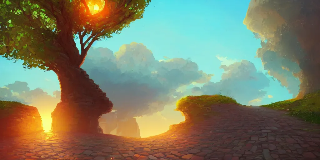 Prompt: a lonely cobblestone street with a backlighting tree on a cliff over the sea at sunset, brightly illuminated by rays of sun, artstation, colorful sylvain sarrailh illustration, by peter chan, day of the tentacle style