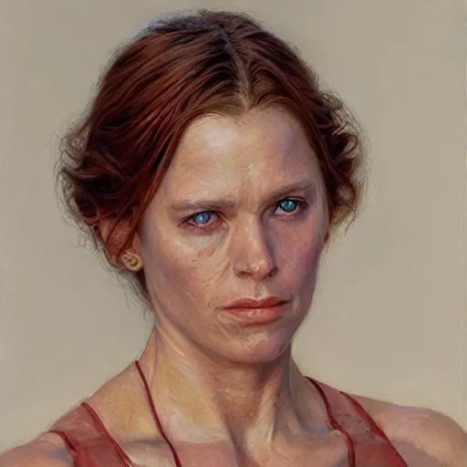 Image similar to portrait of a delicate female survivor, by donato giancola.