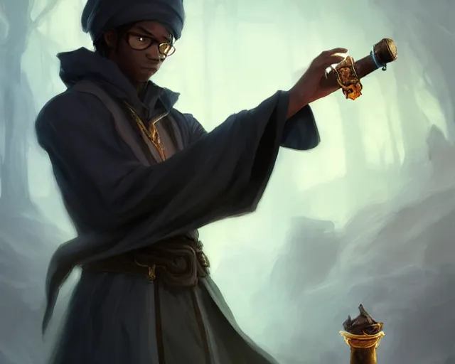 Image similar to cute young black mage ( final fantasy series ) male, smoking a pipe, shrouded face, deep focus, d & d, fantasy, intricate, elegant, highly detailed, digital painting, artstation, concept art, matte, sharp focus, illustration, hearthstone, art by artgerm and greg rutkowski and alphonse mucha