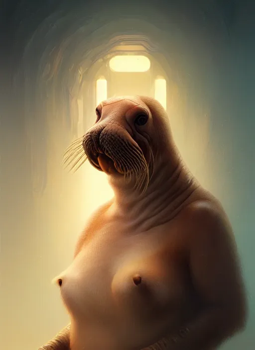 Image similar to portrait of a female walrus called freya, intricate, elegant, glowing lights, highly detailed, digital painting, artstation, concept art, smooth, sharp focus, illustration, art by wlop, mars ravelo and greg rutkowski